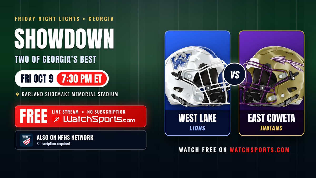 WatchSports_com's tweet photo. We will have Georgia high school football live streaming tonight on https://t.co/m5MtWZfaEo!

East Coweta High School hosts West Lake at 7:30 PM ET.

Watch it here for free https://t.co/0q5qvQYbyZ.

#eastcoweta #westlakehigh #GeorgiaHighSchoolFootball https://t.co/6q1Ui3q4Xy