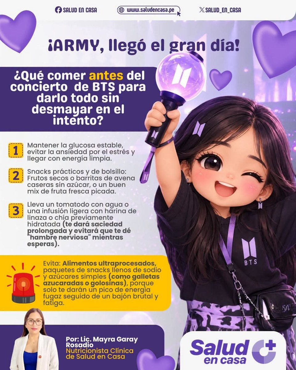 Salud_en_casa1's tweet photo. ¡#ARMY , LLEGÓ EL SEGUNDO GRAN DÍA! 🌟🌟
¿QUÉ COMER ANTES DEL CONCIERTO DE BTS PARA DARLO TODO SIN DESMAYAR EN L INTENTO? 😋😋❤️❤️
Mayra Garay Rosadio
#ᴀʀᴍʏʙᴛs #armybts #conciertobts #LimaPeru https://t.co/3e00I2hW7n