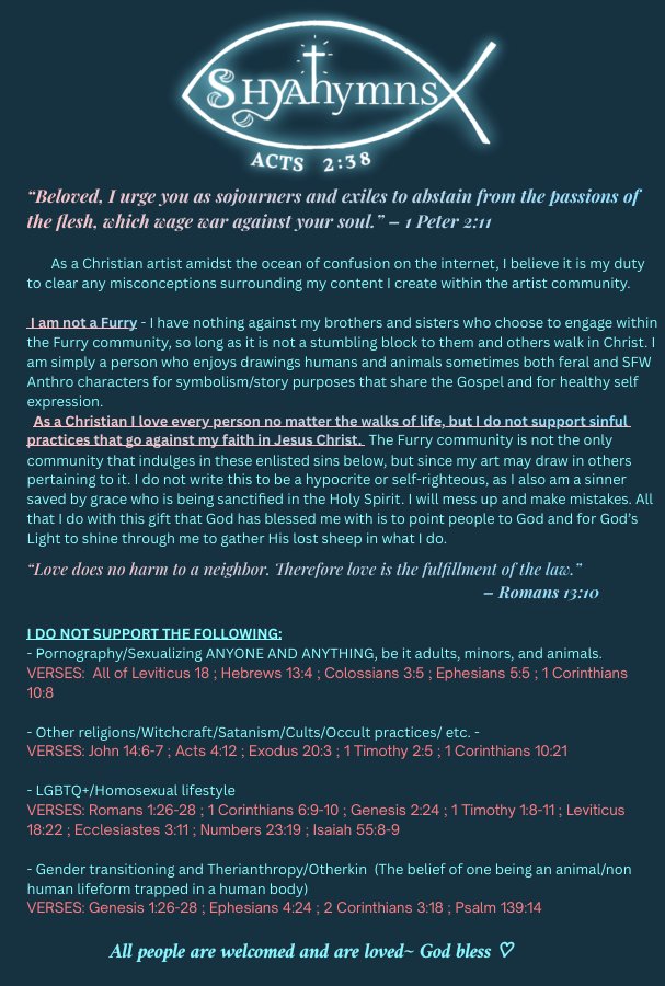 shyahymns's tweet photo. 🩵 Welcome to my page, fellow sojourner 

I am a Christian artist and story writer who does a little bit of anything and everything all for the Glory of God ~✨ 
✍️ I draw humans and animals mainly!

Please read my Word of Faith document below for clarifications on my content! https://t.co/tGuzTeQFnJ