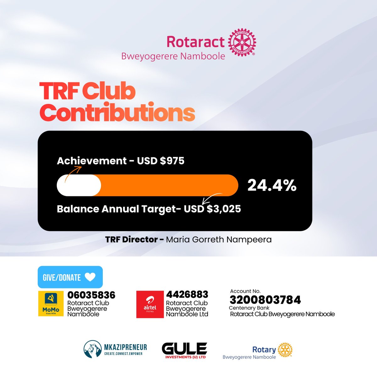 Destadia's tweet photo. 💰 LET'S CLOSE THE TRF GAP! 💰

Great news we've hit USD 975 / USD 4,000 (24.4%) towards The Rotary Foundation! 

Balance: USD 3,025

Note: For payments, please refer to the payment details on the flyer above.

#ClubDeStadia
#RotaractLegacy
#ServiceAboveSelf
#TheRotaryFoundation https://t.co/JT19dH7Fu2