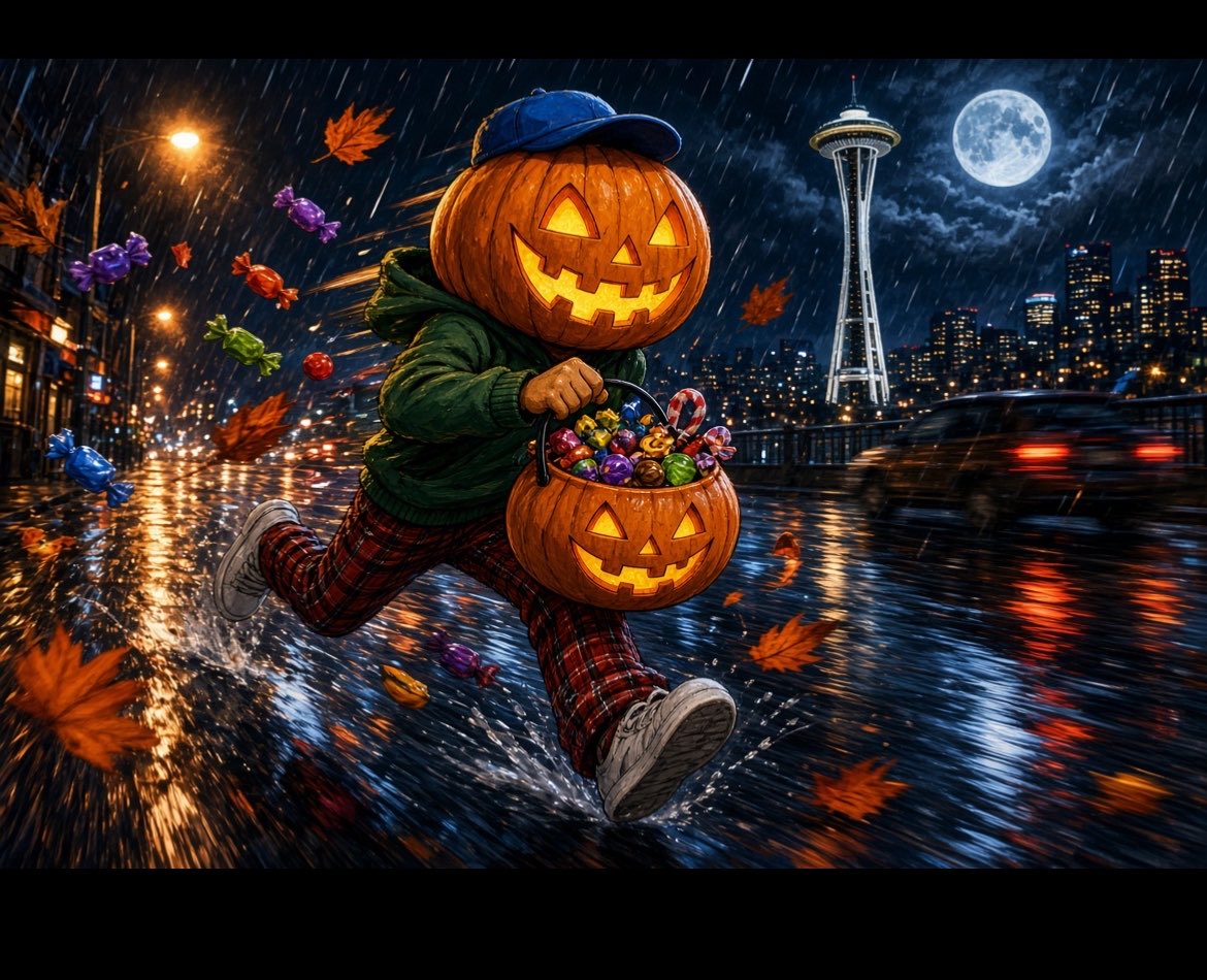 luqzy07's tweet photo. @PUMPKIN_HEAD206 

Move it, Pumpkin Head!
Seattle’s out tonight and the bear just got punched in the mouth. Candy’s flying, the Space Needle’s lit, and this jack-o’-lantern doesn’t flinch.
#pumpkinhead https://t.co/9hcTwrf6H2