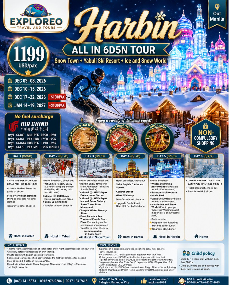 CariSmcii's tweet photo. Wake up in a winter wonderland. Explore snowy adventures, breathtaking ice castles, cozy hot pot, and unforgettable Harbin moments. Message Exploreo to book your winter escape. https://t.co/UJQZg8UQsx