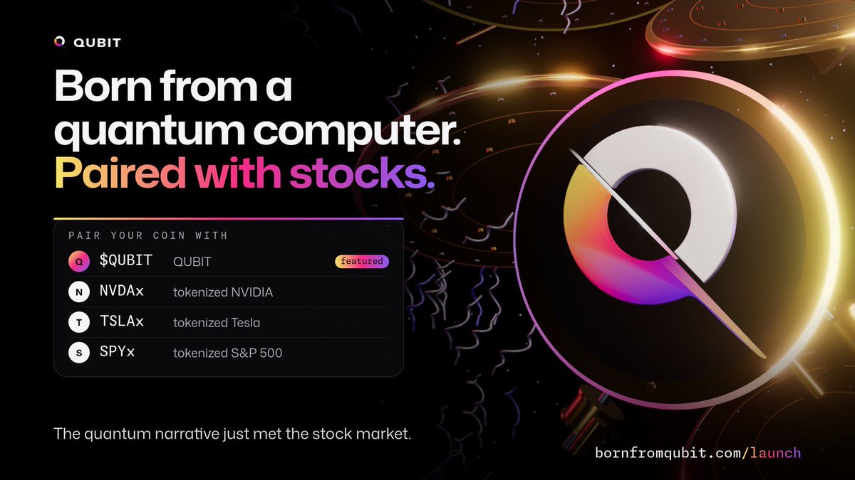 QUBITMINT's tweet photo. Born from a quantum computer. Now it can trade against stocks.

Launch a coin on QUBIT and a real quantum computer picks its address. Then pair it with tokenized NVIDIA, Tesla, the S&amp;P 500 or $QUBIT.

The quantum narrative just met the stock market.

https://t.co/kvJxKILhJb https://t.co/ADLIK8wePh