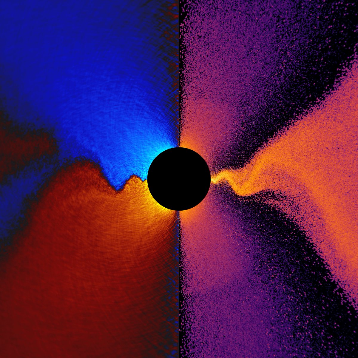PhysRevLett's tweet photo. #OnTheCover of this week’s issue: Snapshot of a general relativistic particle-in-cell simulation of a collisionless plasma accreting onto a central spinning black hole, showing number density on the right and out-of-plane magnetic field on the left: https://t.co/5CWpAD3gBo https://t.co/ZbOnv6gyei