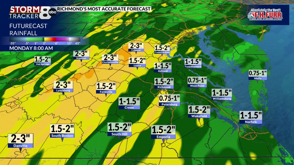 MattDiNardo's tweet photo. Rain from Isaias will move into Central Virginia Saturday night at/around midnight and continue through Sunday.  Most of us will see between 1" to 2" of rain.
https://t.co/rAP38PDvFX #8News #RVA #VAWX https://t.co/C93taVJcY6