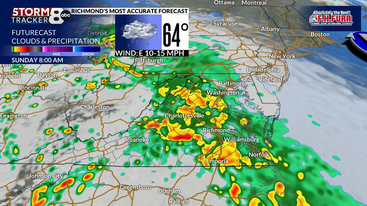 MattDiNardo's tweet photo. Rain from Isaias will move into Central Virginia Saturday night at/around midnight and continue through Sunday.  Most of us will see between 1" to 2" of rain.
https://t.co/rAP38PDvFX #8News #RVA #VAWX https://t.co/C93taVJcY6
