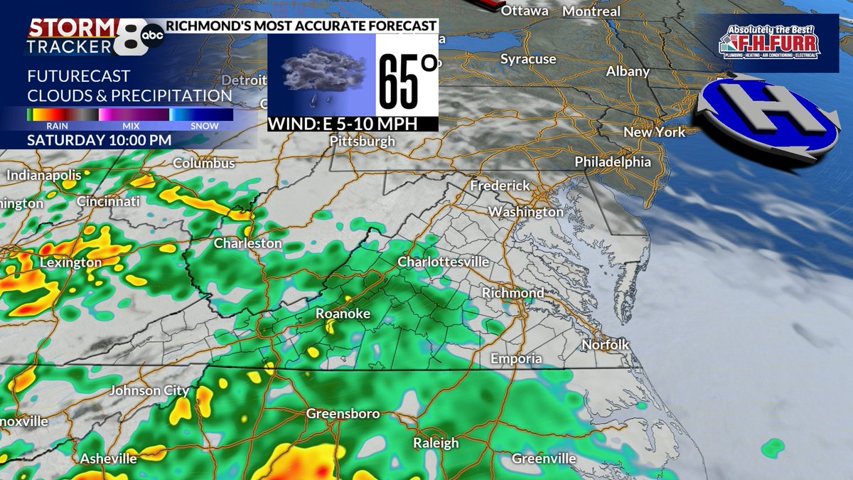 MattDiNardo's tweet photo. Rain from Isaias will move into Central Virginia Saturday night at/around midnight and continue through Sunday.  Most of us will see between 1" to 2" of rain.
https://t.co/rAP38PDvFX #8News #RVA #VAWX https://t.co/C93taVJcY6