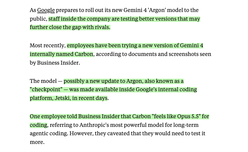 LuminaBench's tweet photo. Google are already testing another Gemini 4 model called "Carbon" in Jetski

According to Business Insider, one employee says it "feels like Opus 5.5" for coding

Argon hasn't even dropped yet and they already have a better checkpoint, tf is going on rn https://t.co/Omj8qIGv7g