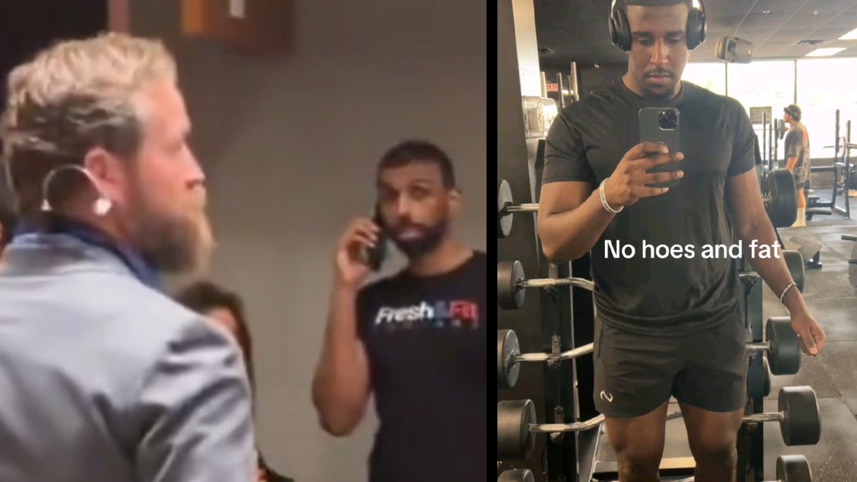 The image shows a split screen: on the left, Myron Gaines appears emotional on the phone, and on the right is a mirror selfie of a man at the gym with the caption "No hoes and fat," likely mocking his appearance following the viral moment about his brother's deportation.