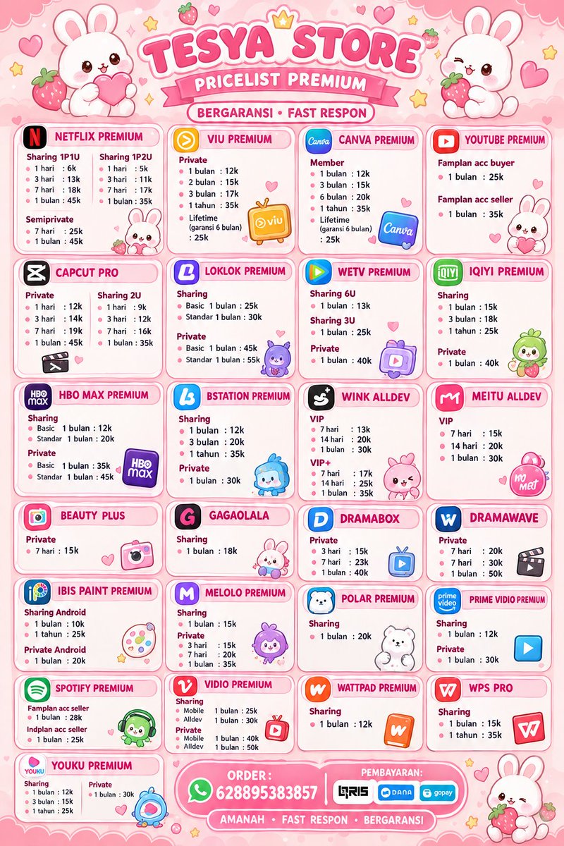 tesyastore's tweet photo. haaii 💫 tesya open ya apk premium bergaransi dari mingguan bulanan asal ss login, full durisi selama tidak melanggar aturan tesya🙆‍♀️  
order : https://t.co/8X45snlZ2K
#zonauang #zonajajan #zonaba #belanja #apkpremium https://t.co/D9nTZz2RUn