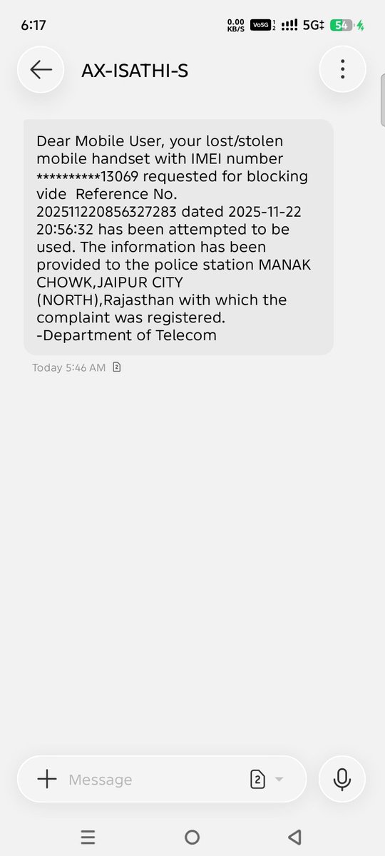 ankurjain815's tweet photo. @jaipur_police मेरा फोन 2025 मे चोरी हुआ था जि��की मैने संचार app Or fir कराई थी अभी मेरे को sms मिल है की किसी ने उसमे सिम डाली है आप उचित कार्यवाही करने की कृपा करे अपनी टैग line को सार्थक करे
अपराधियों मे भय
आमजन मे विश्वास https://t.co/bj191JJ2xn