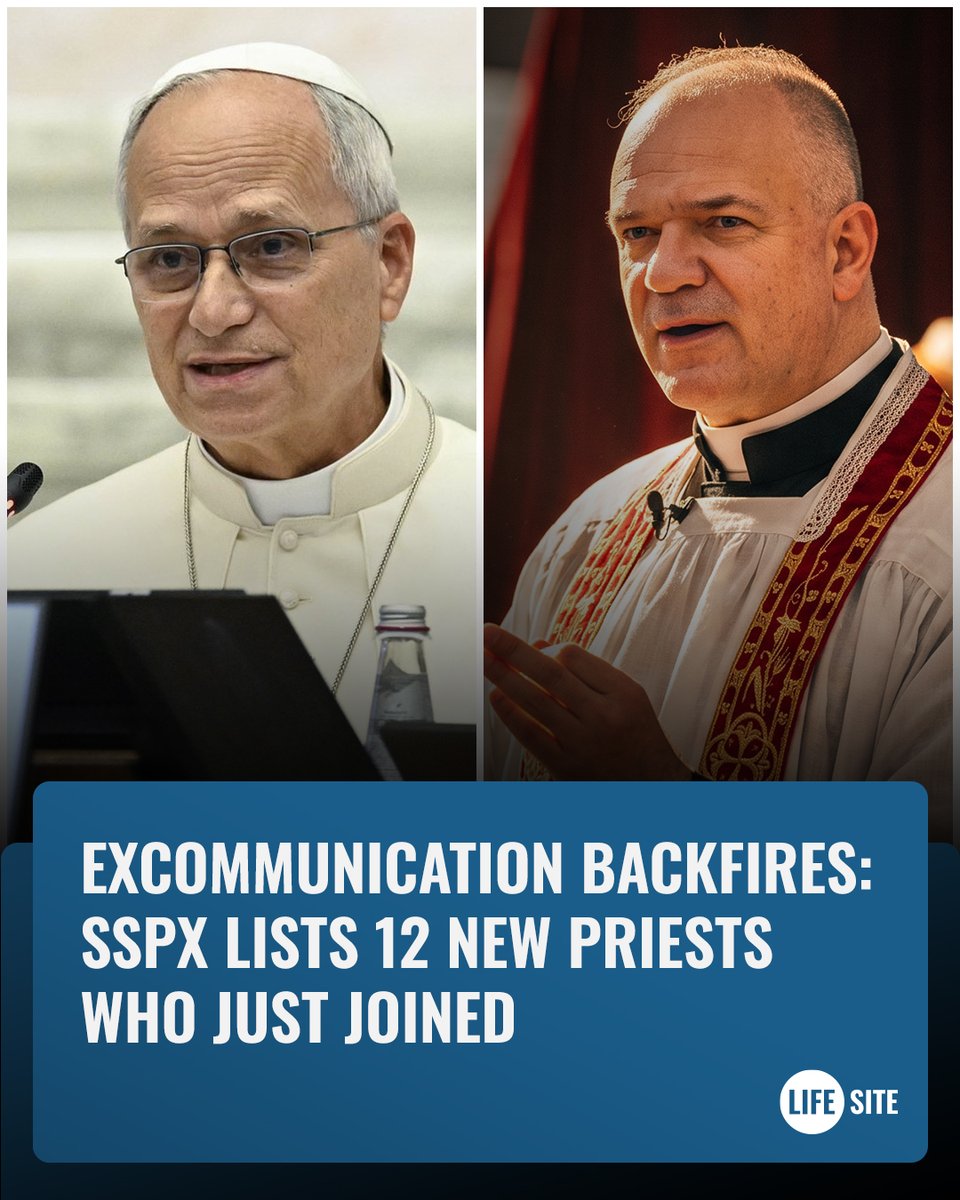 LifeSite's tweet photo. Pope Leo's excommunication of the SSPX is backfiring.

12 priests just joined the Society of St. Pius X to offer the Latin Mass and preach "100% of Catholicism."

https://t.co/AhqLwgf8mR https://t.co/JZsTUlGoNz