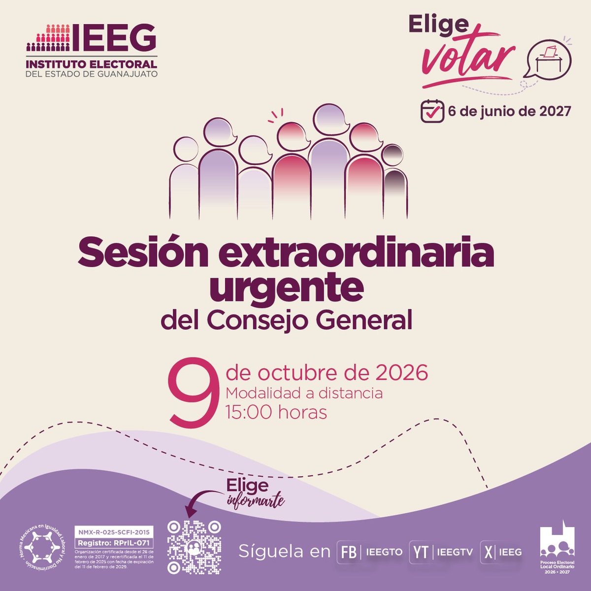 IEEG's tweet photo. 🟣 | #AgendaIEEG

Sesión extraordinaria urgente del Consejo General.

No te pierdas la transmisión #EnVivo por nuestras redes sociales a las 15:00 horas. 📲💻🖥️

Orden del día: https://t.co/VAHbdj5Kcm 

#EligeVotar https://t.co/MFbfg59SC4
