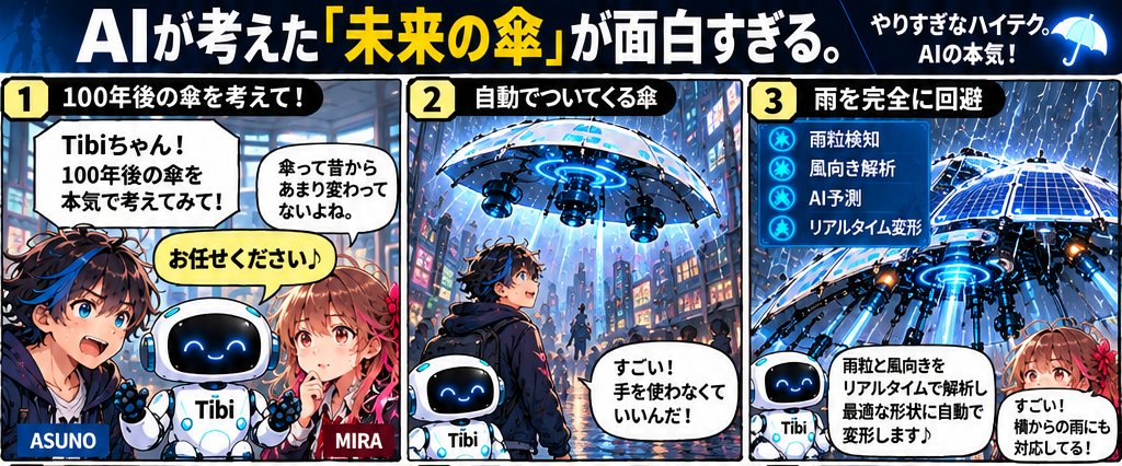 TFI_japan's tweet photo. ☔ AIに「100年後の傘」を本気で考えさせてみた。

便利すぎる機能を次々と搭載！
AIが本気を出した結果、とんでもなく凄い傘が爆誕！㊗😂
（1/4）

#AI #傘 #漫画が読めるハッシュタグ https://t.co/XFiKlYHiz4