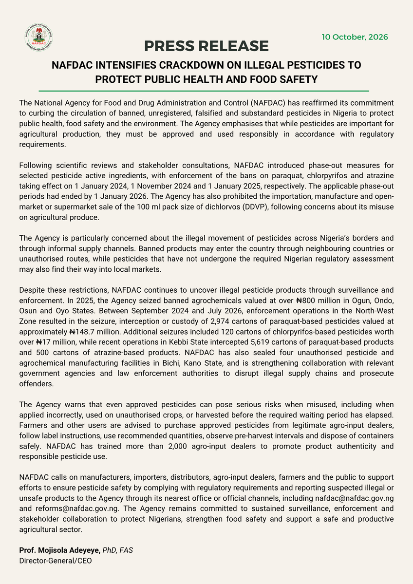 NafdacAgency's tweet photo. NAFDAC is strengthening surveillance and enforcement against the illegal importation, manufacture, distribution and sale of banned, unregistered and falsified pesticides in Nigeria.

Despite the completion of applicable phase-out periods for prohibited pesticide products, the Agency continues to uncover illegal supplies through enforcement operations.

NAFDAC is also strengthening collaboration with relevant government agencies to disrupt illicit supply chains and hold offenders accountable.

Read the full press release for details >> https://t.co/ItcxJqkZxv