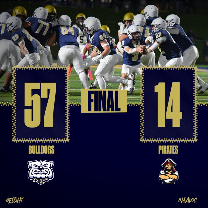 A football score graphic showing a final score of Bulldogs 57, Pirates 14, with the hashtags #EIGHT and #HAVOC.
