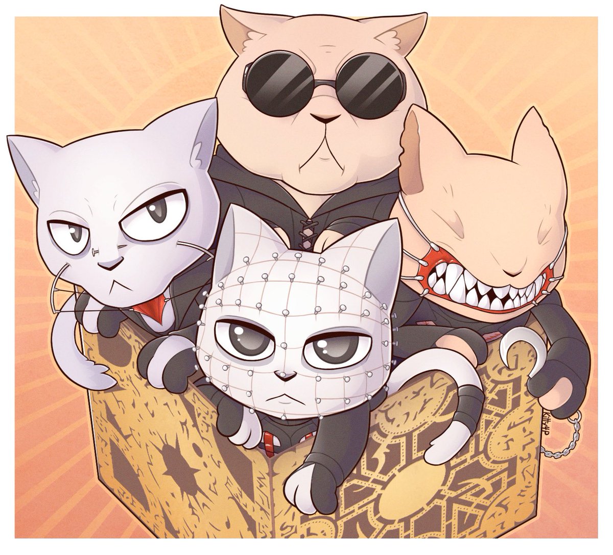 kitty4prz's tweet photo. repost from 2021 to celebrate the new #hellraiser revival release!!! u know what they say abt cats &amp; boxes 🐱⛓️ https://t.co/fu6J11I8h5