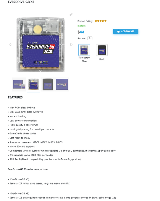 A product page for the 'EVERDRIVE-GB X3' Game Boy flash cartridge priced at $44, featuring transparent and black color options, with a 5-star rating and listed features including 8MByte ROM, 128KByte SAVE RAM, instant loading, and micro SD card support.