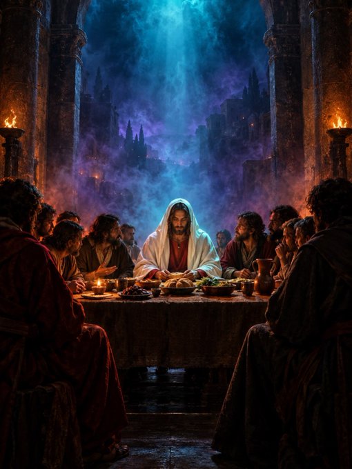 A dramatic, cinematic depiction of the Last Supper showing Jesus in white robes seated at a long table with his disciples, illuminated by ethereal blue light against a dark, ancient backdrop.