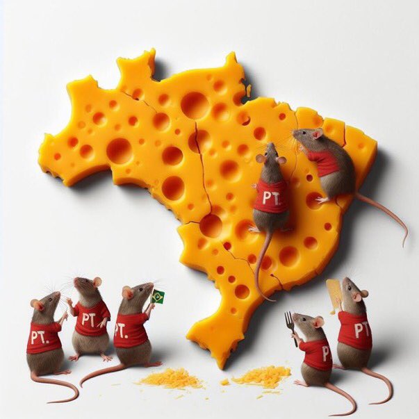A stylized image showing mice wearing red shirts labeled "PT" around a map of Brazil shaped like Swiss cheese.