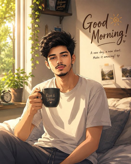 An illustrated 'Good Morning!' graphic featuring a young man with dark hair holding a black 'Rise & Shine' mug while sitting on a bed, with text reading 'A new day, a new start. Make it amazing!'