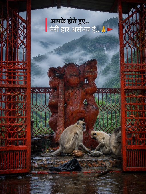 A photograph of monkeys sitting in front of a red-painted Hindu deity statue (likely Hanuman) at a temple during rain, with Hindi text overlay reading 'आपके होते हुए.. मेरी हार असम्भव है..' (With you, my defeat is impossible).