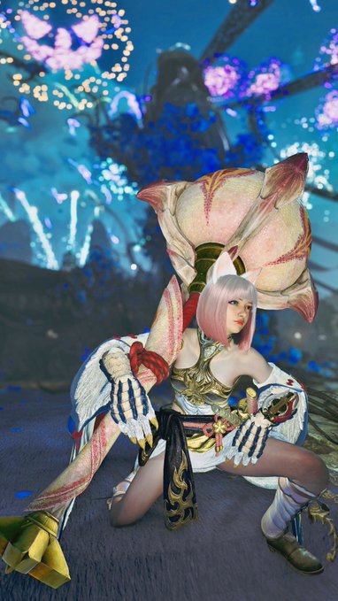 A cosplay or fantasy artwork featuring a pale-haired character in an ornate white and gold costume, posed against a blue, glowing backdrop with floral elements.