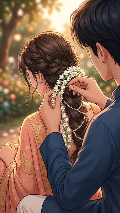 Digital illustration of a man placing a white flower hair accessory in a woman's braided hair, with warm sunset lighting in a garden setting.
