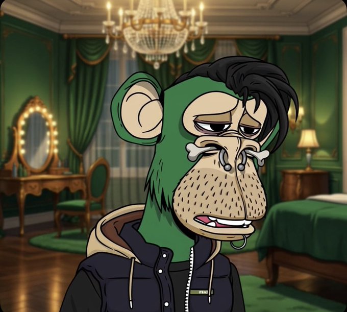 A Bored Ape-style NFT character with a green face, black hair, and a bored expression wears a dark jacket in an ornately decorated green room with a chandelier.