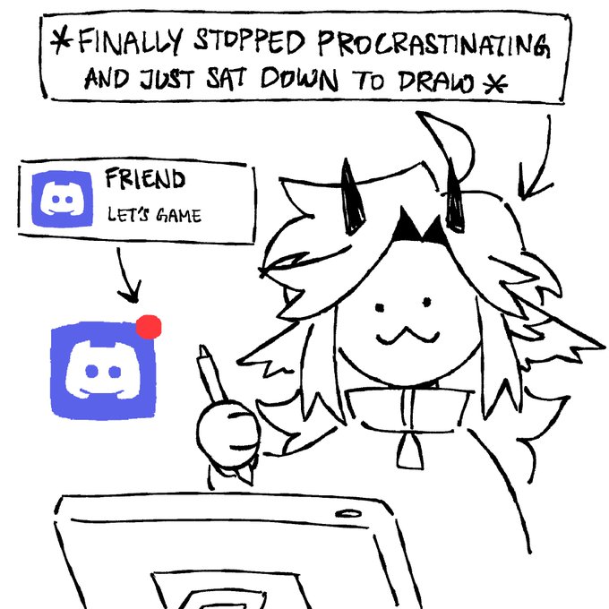 A sketch of a horned character who declares they've sat down to finally draw, but gets immediately interrupted by a Discord notification from a friend asking "let's game," illustrating how easily creative momentum is broken by distractions—a relatable venting point for struggling artists.