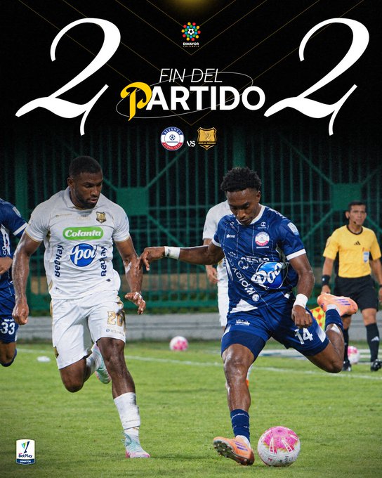 The image is a "Fin del Partido" (End of Match) graphic from Win Sports showing the final score of 2-2 between Club Deportivo Popular (Santander) and Águilas Doradas, with the score "2-2" displayed prominently alongside team logos and match action shots of players competing on the field.

This aligns with the post about the 2-2 draw between Alianza FC and Águilas Doradas, confirming the final result of the match in Valle del Upár.