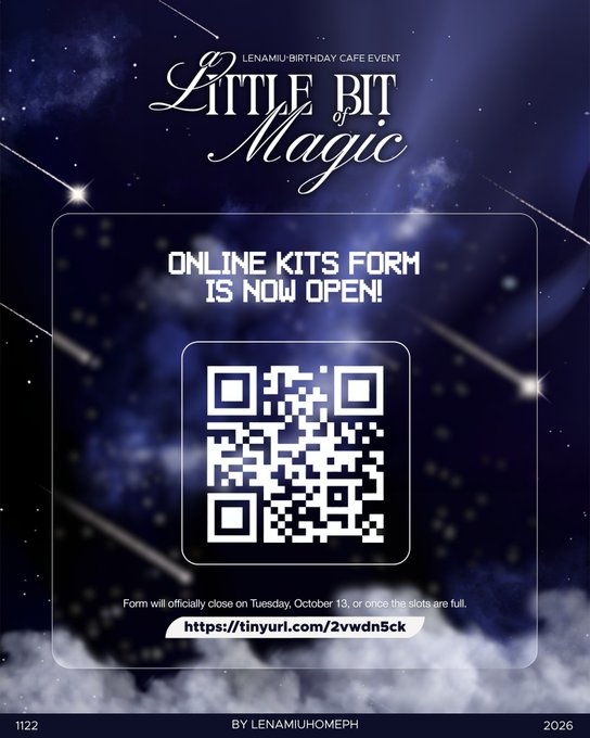A poster for a 'LENAMIU BIRTHDAY CAFE EVENT' titled 'LITTLE BIT Magic' featuring a QR code.