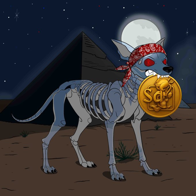 A cartoon illustration of a skeletal dog with red eyes and a red bandana holding a gold "Sd" coin in its teeth, set against a desert night with a pyramid and full moon.