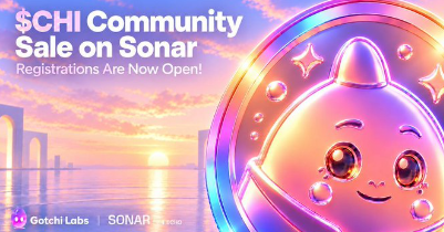 An advertisement for the '$CHI Community Sale on Sonar' event, featuring a 3D animated character in a spacesuit against a sunset cityscape, with logos for Gotchi Labs and SONAR.