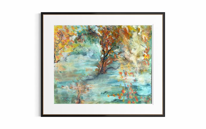 A framed abstract landscape painting featuring a tree in vibrant yellow, orange, and green hues against a turquoise background.