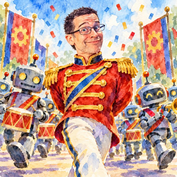 A watercolor-style illustration depicts a smiling man with glasses wearing a red military-style jacket with a blue sash, marching with toy robots and drums, surrounded by red flags with gear symbols.