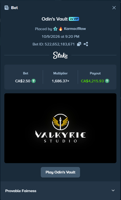 A Stake gambling bet screen for 'Odin's Vault' by Valkyrie Studio, showing a bet of CA$2.50 with a 1,686.37x multiplier and a payout of CA$4,215.93.