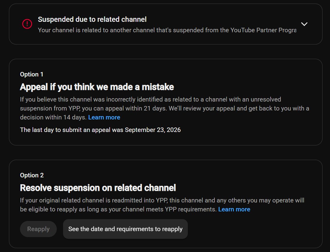 vixiostwt's tweet photo. 3 of my Channels are still demonetized and I physically can't re appeal them @TeamYouTube I don't have any channel that is demonetized, the original related channel is completely fine and most of the affected channels have been reinstated apart from 3, Cmon. https://t.co/4P3fYhbcsw