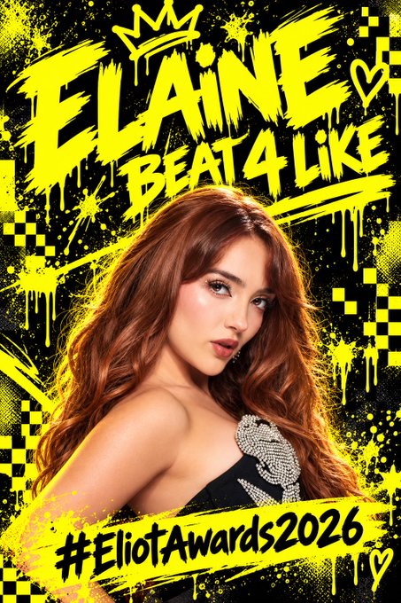 Promotional graphic featuring a young woman with long brown hair against a yellow and black grunge background with text reading 'ELAINE - BEAT 4 LIKE' and '#EliotAwards2026'.