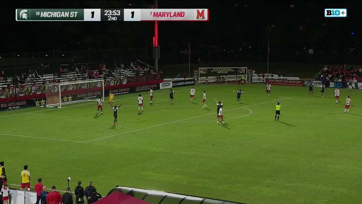 A Big Ten Network broadcast shows a men's soccer match between #19 Michigan State and #7 Maryland tied 1-1 with 23:53 left in the 2nd half.