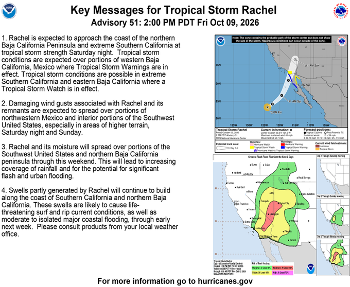 A weather advisory document titled "Key Messages for Tropical Storm Rachel," Advisory 51, dated 2:00 PM PDT Fri Oct 09, 2026, detailing expected impact on the Baja California Peninsula and Southern California.
