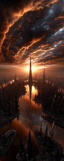 A dark, otherworldly city of towering spires rises from shadowy waters under a turbulent sky of fiery orange clouds and cool blue patches, where a single pinnacle dominates the horizon against the last glow of a setting sun. The apocalyptic, twilight atmosphere visually echoes the haunting theme of "Capitals at the End of Light," portraying a grand capital standing as the final sentinel beneath a dying sky.