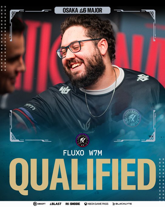 The image announces that W7m, a player for the Fluxo esports team, has qualified for the Osaka Six Major, as indicated by the bold "QUALIFIED" text and "OSAKA Six MAJOR" header. Smiling warmly, W7m appears to embody the excitement and passion highlighted in the welcome message from the post.