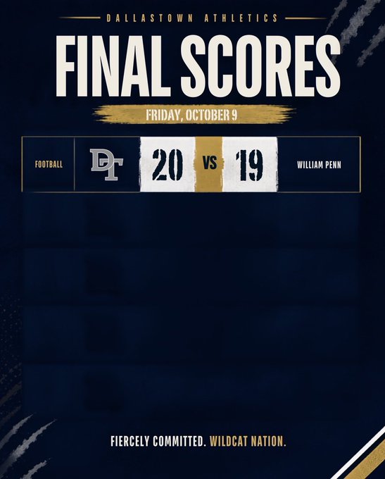 A 'Dallastown Athletics Final Scores' graphic for Friday, October 9 shows football results: Dallastown (DT) 20 vs William Penn 19, with the tagline 'Fiercely Committed. Wildcat Nation.'