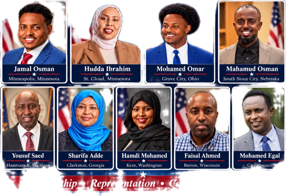 ShAbdiHersy's tweet photo. Tell Trump that these are elected representatives in USA &amp; Europe serving their countries and communities! They are all Somalis. Each one of them is 10 times better than you! If anyone is garbage, it must be you! https://t.co/LZ9KfTZtuw