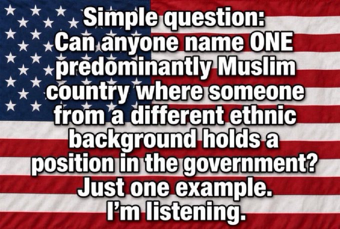 An image featuring the U.S. flag in the background with white text reading: 'Simple question: Can anyone name ONE predominantly Muslim country where someone from a different ethnic background holds a position in the government? Just one example. I'm listening.'