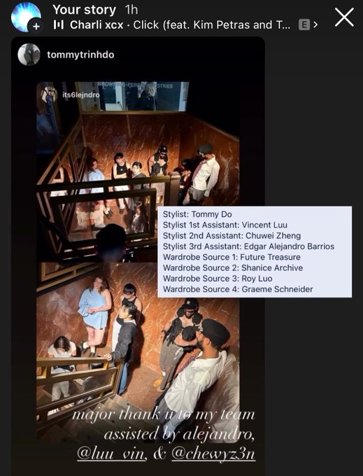 An Instagram story screenshot showing behind-the-scenes photos from a stylist named tommytrinhdo, crediting his assistants Vincent Luu and Chuwei Zheng with wardrobe sources including Future Treasure, Shanice Archive, Roy Luo, and Graeme Schneider.