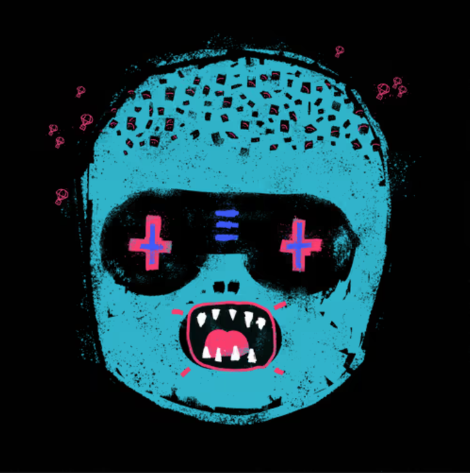 A stylized teal illustration of a hockey mask resembling Jason Voorhees with pink plus signs in the eyes and sharp teeth in the mouth, surrounded by floating pink symbols on a black background.