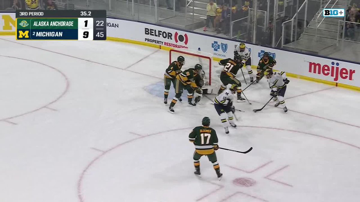 The image shows a hockey game in progress between Alaska Anchorage and Michigan, with a third-period scoreboard displaying Michigan leading 9-1, and 35.2 seconds remaining on the clock.

This image relates to the post "DK puts us into double digits" as it is the moment just before Michigan scores their 10th goal, which would reach double digits, with the score currently showing 9-1 and time winding down.