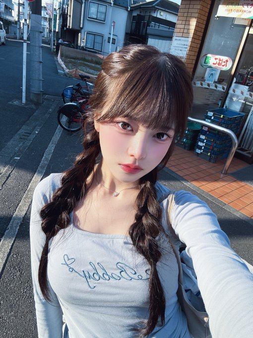A selfie of a young woman with brown hair in twin braids wearing a light blue top with blue embroidery, standing on a street in Japan.